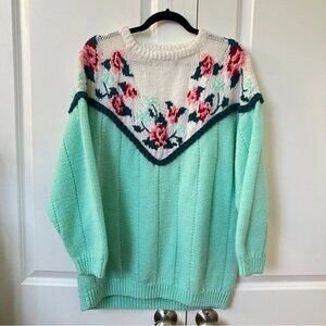Vintage Handmade Knit Rose Floral Turquoise Granny Cottagecore Sweater